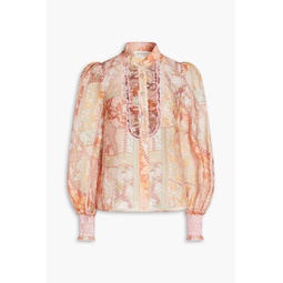 Ruffled floral-print linen and silk-blend organza blouse