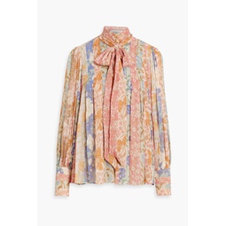 Pussy-bow pleated floral-print chiffon blouse