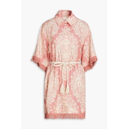 Fringed floral-print linen mini shirt dress