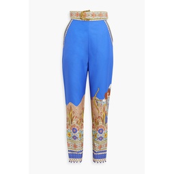 Belted printed cotton and silk-blend twill tapered pants