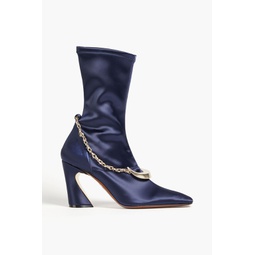 Chain-trimmed satin ankle boots