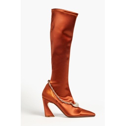 Chain-trimmed satin knee boots
