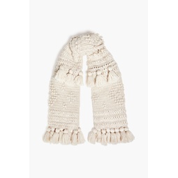 Tasseled crochet-knit wool scarf