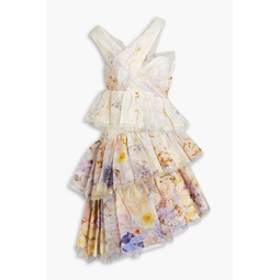Tiered floral-print silk and linen-blend gauze mini dress