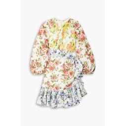 Ruffled floral-print linen mini dress