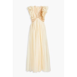 Bead-embellished glittered tulle maxi dress