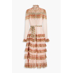 Tiered floral-print silk-crepon midi dress