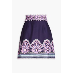 Embellished printed cotton and silk-blend twill mini skirt