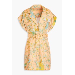 Belted floral-print linen mini shirt dress