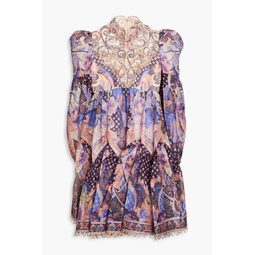 Tulle-trimmed printed linen and silk-blend mini dress