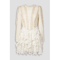 Ruffled lace-paneled embellished linen and silk-blend mini dress