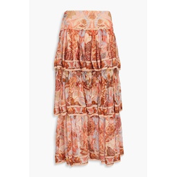 Tiered printed silk-crepon midi skirt