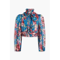 Cropped pussy-bow floral-print ramie blouse