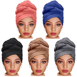 ZRQ 5 Pieces Stretch Headwrap Scarf Jersey Turban Fashion Headwear Boho Extra Long Scarf Soft Breathable Easy Knot Hijab Tie for Black Women (Black,Camel,Denim Blue,Watermelon Red,