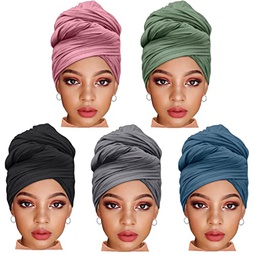 ZRQ 5 Pieces Stretch Jersey Turbans Headwrap Scarf for Black Women Fashion Headwear Boho Extra Long Scarf Soft Breathable Easy Knot Hijab Tie (Black,Pink,Olive Green,Deep Ha Tsing,