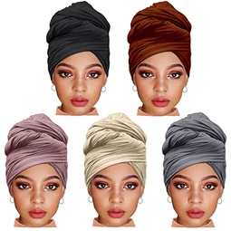 ZRQ 5 Pieces Stretch Headwrap Scarf Jersey Turbans for Women Fashion Headwear Boho Extra Long Scarf Soft Breathable Easy Knot Hijab Tie (Black,Coffee,Beige,Leather powder,Dark Grey