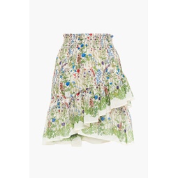 Jonquille ruffled floral-print crepe de chine mini skirt