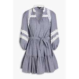 Lace-trimmed tiered gingham cotton mini dress