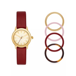 Gigi Goldtone Stainless Steel & Red Leather Strap Watch Gift Set