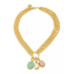 22K Goldplated, 11MM Oval Pearl, Amazonite & Pink Quartz Charm Necklace
