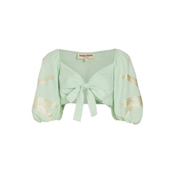 Thaia Cropped Knotted Puff-Sleeve Top