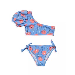 Girls Beach Bloom One-Shoulder Puff Sleeve 2-Piece Bikini