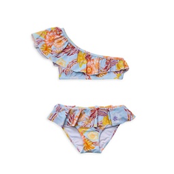 Little Girls & Girls Boho Tropical One-Shoulder Frill Bikini Set