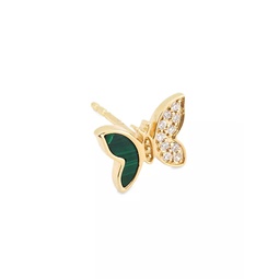 70s Glam 14K Yellow Gold, Malachite & 0.035 TCW Diamond Butterfly Stud Earring