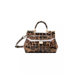Small Leopard-Print Patent Leather Top Handle Bag