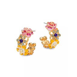 22K-Gold-Plated, Enamel & Glass Crystal Flower Clip-On Hoop Earrings