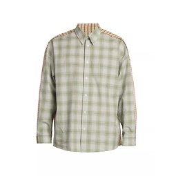 Half-and-Half Plaid Button-Front Shirt