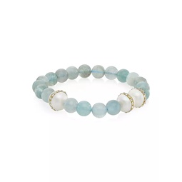 Organic Gems Crystal, Freshwater Pearl & Aquamarine Beaded Stretch Bracelet
