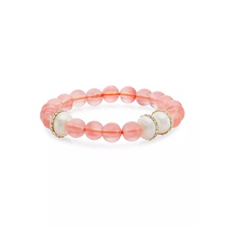 Crystal, Freshwater Pearl & Light Cherry Quartz Beaded Bracelet