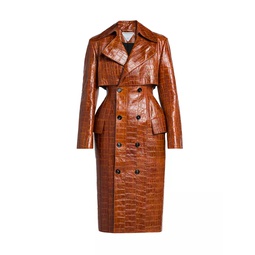 Double-Breasted Croc-Embossed Leather Coat
