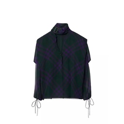 Check Silk Chiffon Relaxed-Fit Scarf-Neck Blouse