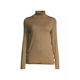 Side-Button Merino Wool Turtleneck Sweater