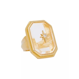 20K-Gold-Plated, Rock Crystal Quartz & Cubic Zirconia Signet Ring