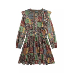 Little Girls & Girls Patchwork-Print Chiffon Dress