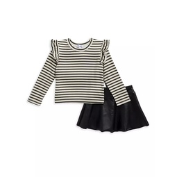 Little Girls 2-Piece Striped Bodysuit & Faux Leather Skirt