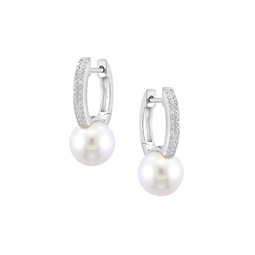 14K White Gold, Freshwater Pearl & 0.17 TCW Diamond Huggie Hoop Earrings
