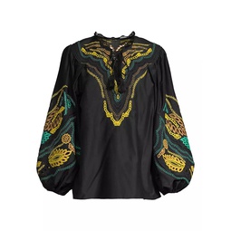 Kehlani Embroidered Cotton-Silk Blouse
