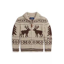 Little Kids & Kids Reindeer Intarsia Shawl Collar Zip-Up Sweater