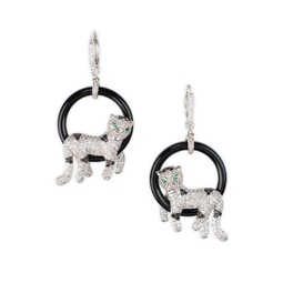 Silvertone, Onyx & Cubic Zirconia Pave Panther Drop Earrings