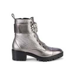 Pippa Jeweled Strap Metallic-Leather Lug Boots