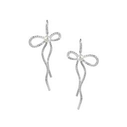Rhodium Plated Mother-Of-Pearl Elongated Pave Bow Earrings