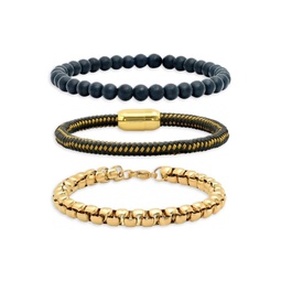3-Piece 18K Gold-Plated Stainless Steel, Black Lava & Leather Bracelet Set