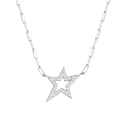 Rhodium Plated Sterling Silver & Cubic Zirconia Star Pendant Paperclip Chain Necklace