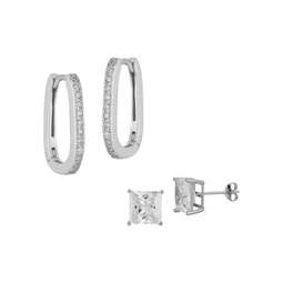 Set of 2 Rhodium Plated Sterling Silver & Cubic Zirconia Oblong Hoop & Stud Earrings