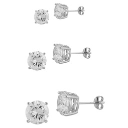 Set of 3 Rhodium Plated Sterling Silver & Cubic Zirconia Stud Earrings Set