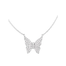 Rhodium Plated Sterling Silver & Cubic Zironia Butterfly Pendant Necklace